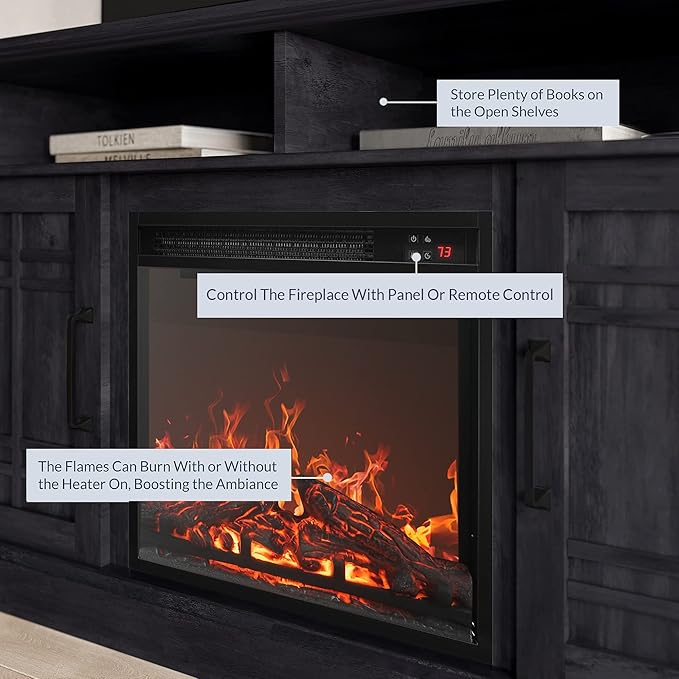 BELLEZE 48" TV Stand with 18" Electric Fireplace Heater, Modern TV Stand for TVs up to 50", Entertainment Media Stand with Open Shelves and Storage Cabinets for Living Room, Bedroom (Rustic Grey)