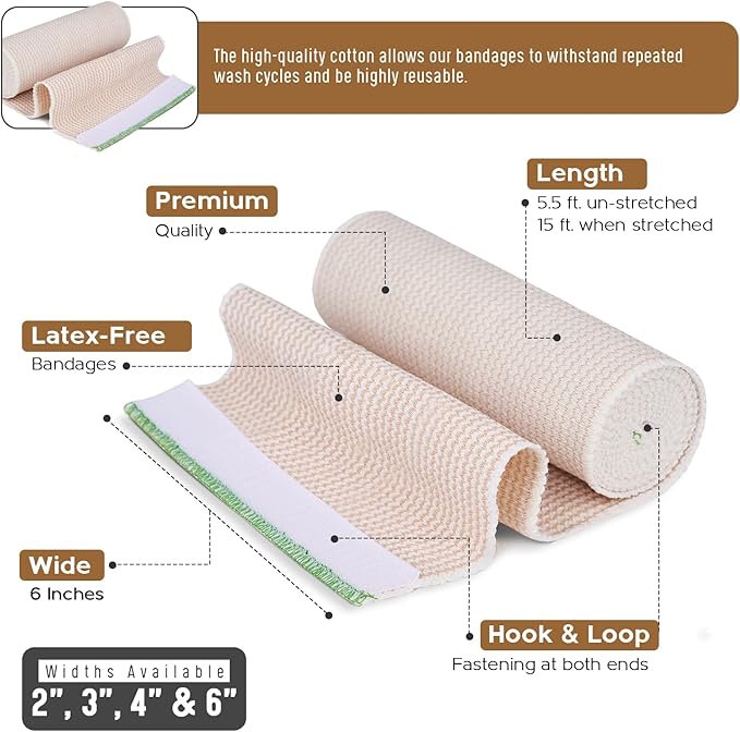 Premium Elastic Bandage Wrap (6” Wide, 4 Pack) - Nexskin Latex Free Athletic/Medical Compression Bandages Hook & Loop Fasteners at Both Ends - Lifetime Washable & Reusable Bandages