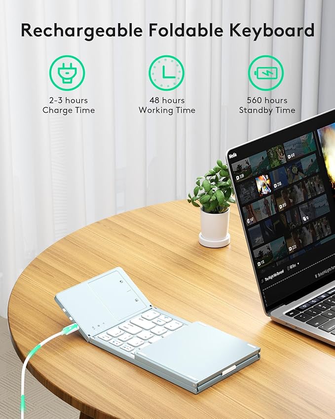 Samsers Foldable Bluetooth Keyboard with Touchpad - Portable Wireless Keyboard with Holder, Rechargeable Full Size Ultra Slim Pocket Folding Keyboards for Android Windows iOS Tablet & Laptop - Blue