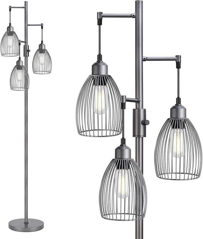 Torondo Dimmable Industrial Floor Lamps for Living Room, Gray Tree Standing Tall Lamps with 3 Elegant Teardrop Cage Head & 800 Lumens LED Bulbs for Bedroom Office
