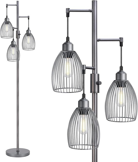 Torondo Dimmable Industrial Floor Lamps for Living Room, Gray Tree Standing Tall Lamps with 3 Elegant Teardrop Cage Head & 800 Lumens LED Bulbs for Bedroom Office