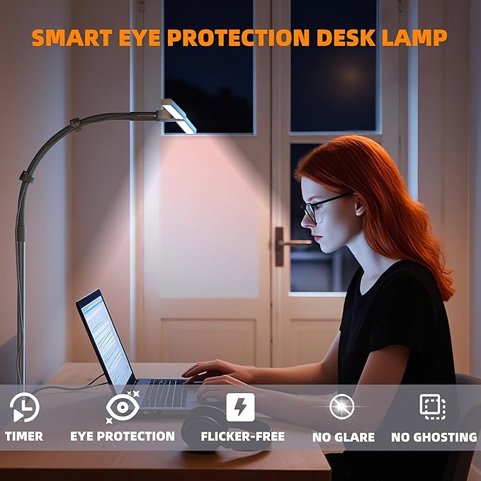 Desk Lamp Home Office,15W Dual Screen Monitor Light with Clamp,Adjustable Gooseneck Computer Light with Stepless Color Temp and Dimming for Architect Work (Black)