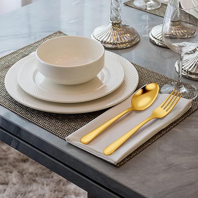 24-piece Forks and Spoons Silverware Set, Unokit Stainless Steel Flatware Cutlery Set for Home, Kitchen and Restaurant, 12 Dinner Forks and 12 Dinner Spoons, Mirror Polished&Dishwasher Safe - gold