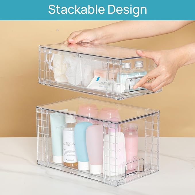Vtopmart 8 Pack Clear Stackable Storage Drawers,Easy to Assemble Bathroom Organizers and Storage with handles,Plastic Drawers for Kitchen Pantry,Cabinet,Under Sink Organization