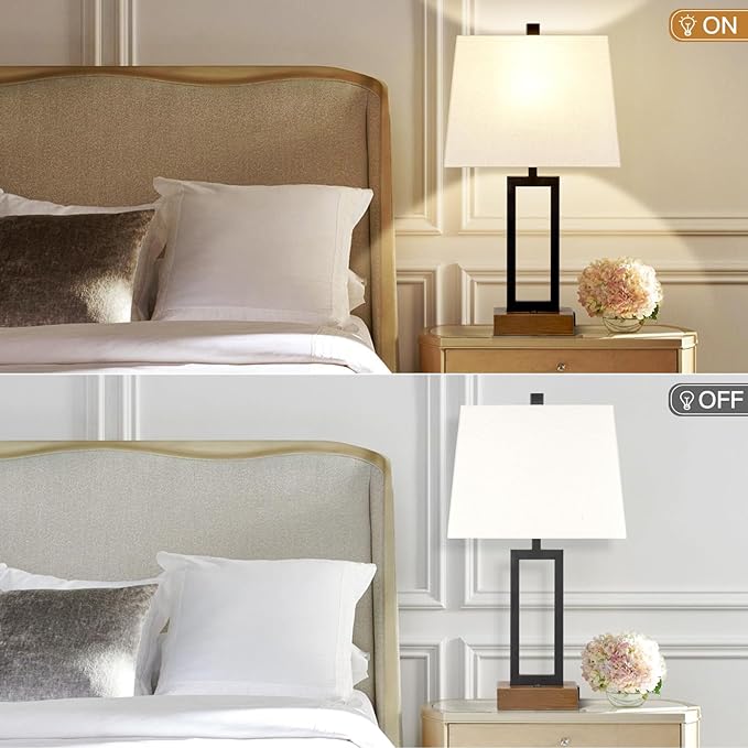 Table Lamp for Bedroom Set of 2 with 2 USB Ports and AC Power Outlet, 23.5" Modern Bedside Lamp, Wood Nightstand Lamp with Linen Shade for Living Room Hotel Desk(LED Bulb Included)