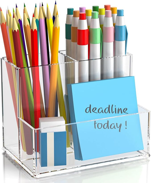 Clear Pen Holder for Desk, Small Acrylic Pencil Holder, Compact Makeup Brush Holder Organizer for Vanity, Pen Pencil Organizer Cup, Office Desk Organizer and Accessories, 3 Compartment Design