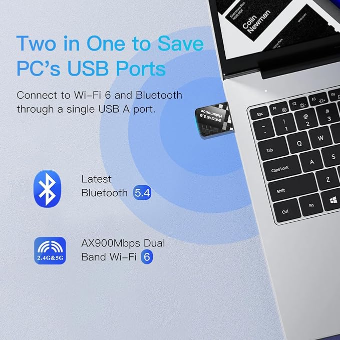 2-in-1 USB AX900Mbps WiFi 6 Bluetooth Adapter for PC, Latest Bluetooth 5.4 Wi-Fi 2.4G/5GHz Dual Band Wireless Network Dongle for Windows 11 10 Laptop Desktop, Plug n Play w/Built-in Driver