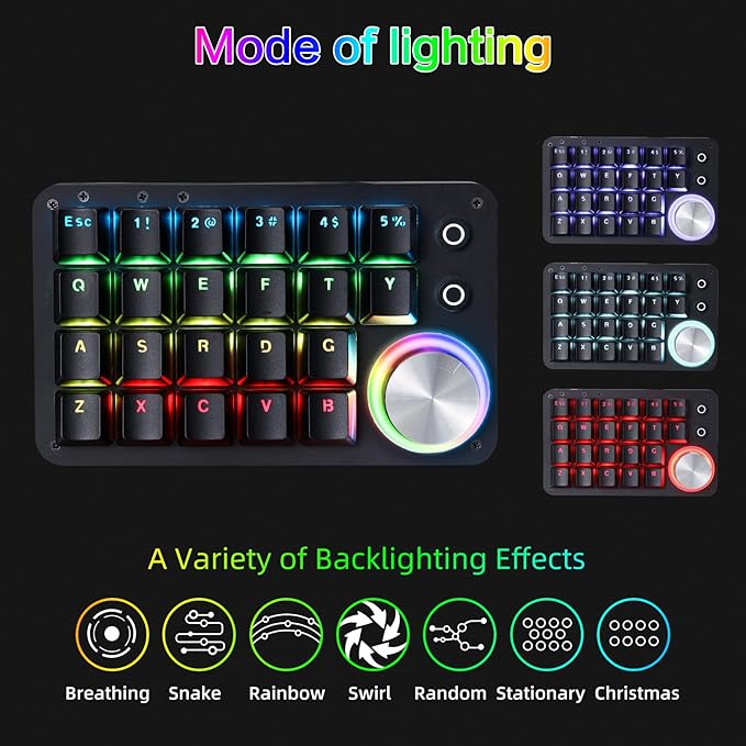 Koolertron 24 Keys Programmable Keyboard，One Handed Macro Mechanical Keyboard, RGB LED Backlight Red Switch USB Portable Keyboard with Fully Knobs, 24 Keys Macro Pad for Gaming