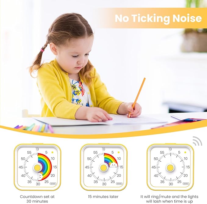 Visual Timer with Pause Function, 60 Minute Countdown, Pomodoro Timer for Kids, Productivity Timer, Time Management for Kitchen Cooking, Study, Teaching, Office Meetings (Rainbow Yellow)