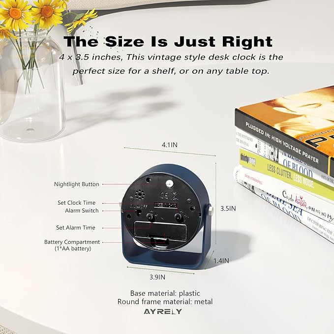 AYRELY® 3.5 Inch Small Analog Alarm Clocks,Battery Operated Desk Clock,Cute Table Clock with Light，Adjustable Angle for Travel,Bedside,Bedroom,Kids,Living Room Decor(Navy Blue)