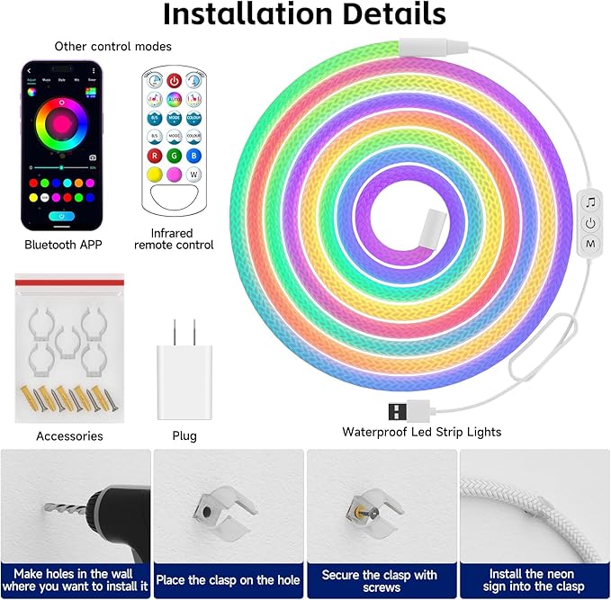 LED Rope Lights, 16.4ft Neon LED Lights Strip with 360 Degree Luminous, 5V USB Flexible IP67 Waterproof Music Sync Remote APP Control Gaming Lights Accessories for Bedroom Outdoor Décor