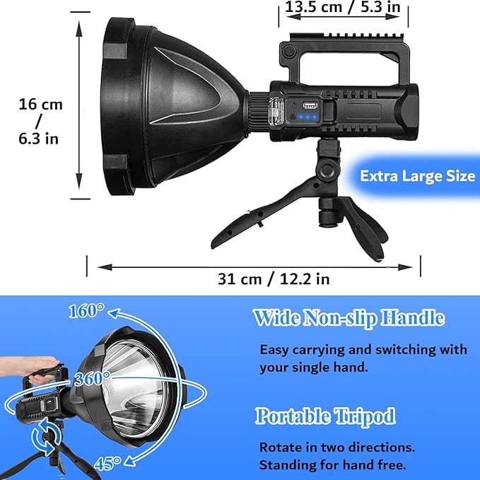 Rechargeable Spotlight, 3,000,000L High Lumens Led Spot Lights Outdoor Handheld Super Bright Powerful Long Range Flashlight with 4 Modes, Tripod, USB C, IPX5 Waterproof for Fishing Boating Camping
