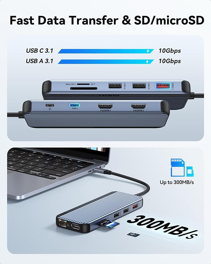 USB C Docking Station 3 HDMI, Docking Station 3 Monitors,12 in 1 Docking Station Dual Monitor, Laptop Docking Station Triple HDMI with 10Gbps USB A/C 3.1,USB 2.0,100W PD,Ethernet, Audio&Mic,SD&TF Slot