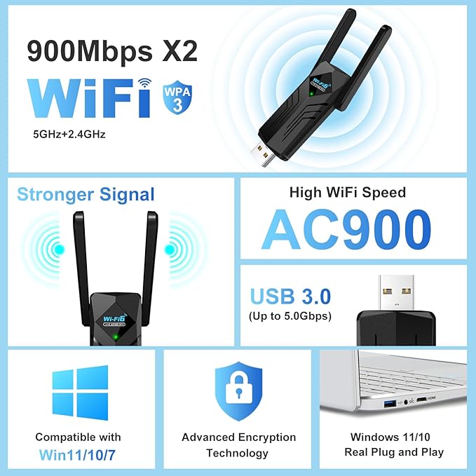 USB WiFi 6 Adapter with Bluetooth Dual 3dBi Antennas 5GHz/2.4GHz Dual Band Wireless Network Adapter for Desktop PC Laptop Windows 11/10/7 Gaming Streaming Stable Connection