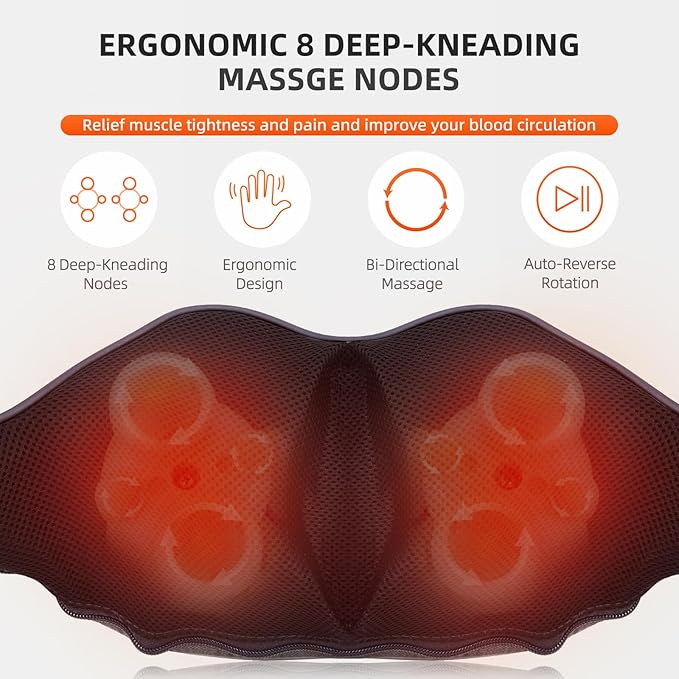 Cordless Shiatsu Neck & Back Massager for Pain Relief Deep Tissue with Heat, 3D Kneading Massage Pillow Back Shoulder Massagerfor Body Muscle, Use for Home Office Car, Gifts for Mom Dad
