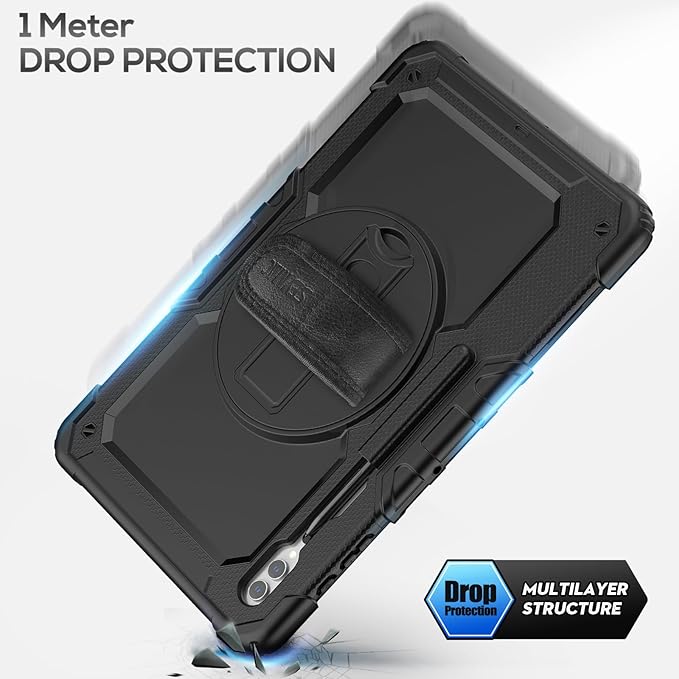 SEYMAC for Samsung Galaxy Tab S10 Ultra 2024/ S9 Ultra/ S8 Ultra Case 14.6 Inch, Heavy Duty Shockproof Protective Case with Screen Protector, Stand, Hand/Shoulder Strap and Pen Holder, Black