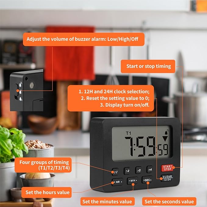YOOREAL Digital Kitchen Timers, with 4 Sets of Countdown Stop Watches Timer/Magnetic Timer Clock with Adjustable Loud Alarm Classroom Cooking Fitness Baking Studying Teaching (Black)