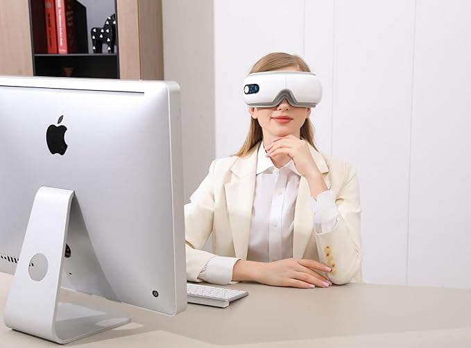 Eye Massager with Airbag Kneading,Constant Temperature Hot Compress, Multi-Frequency Vibration and Bluetooth Music (Pearl White, Large)