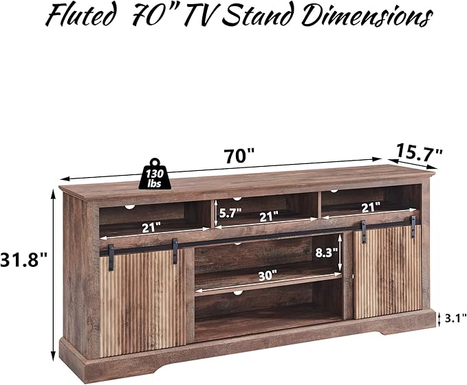 Fluted TV Stand for 80 Inch TVs, 32" Modern Entertainment Center with Waveform Panel Sliding Door, Media Console Cabinet w/Storage, Soundbar & Adjustable Shelf for Living Room, 70 inch (Light Brown)