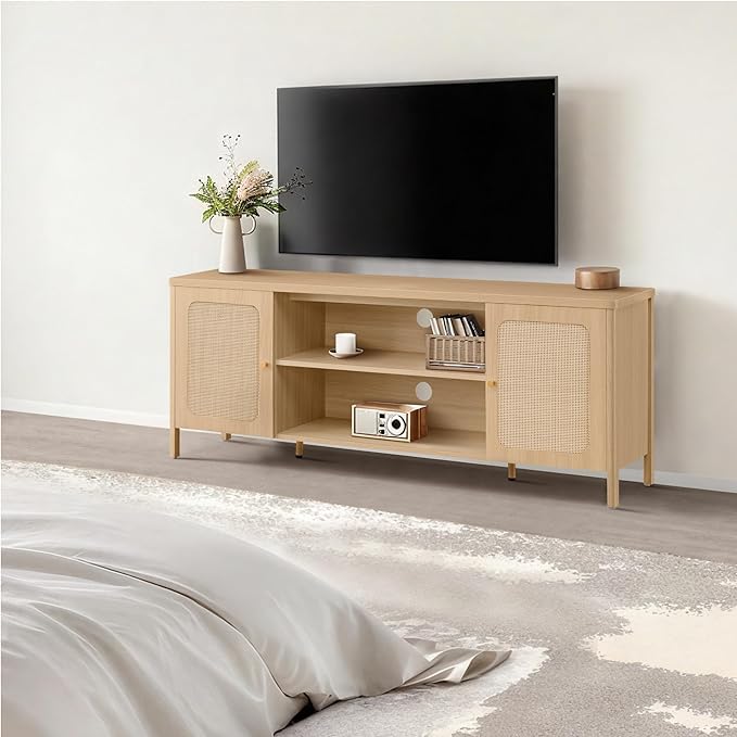 Rattan TV Stand for TVs up to 75'' Boho Entertainment Center with Adjustable Shelf Television Stand with 2 Storage Cabinets Media Console Wooden TV Cabinet for Living Room Bedroom,Natural Oak