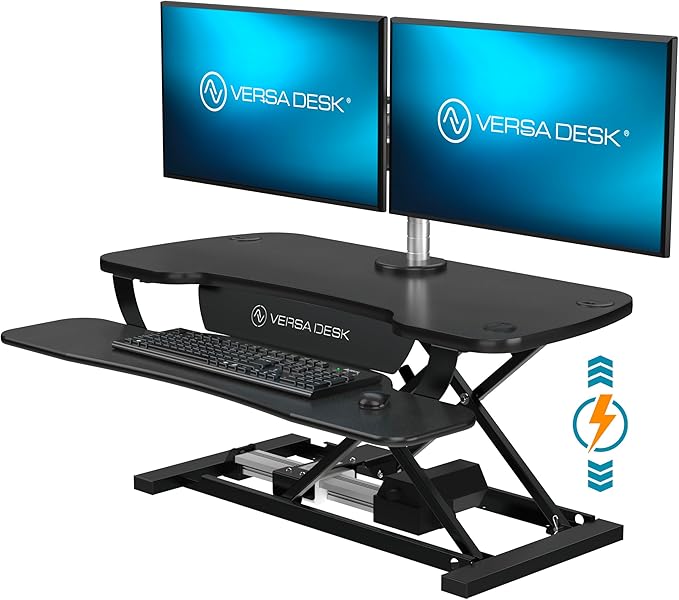 VERSADESK PowerPro™ 36 Inch Electric Standing Desk Converter, Height Adjustable Sit to Stand Up Desk Riser, Laptop and Dual Monitor Desktop Workstation with Wide Keyboard Tray and USB Port, Black