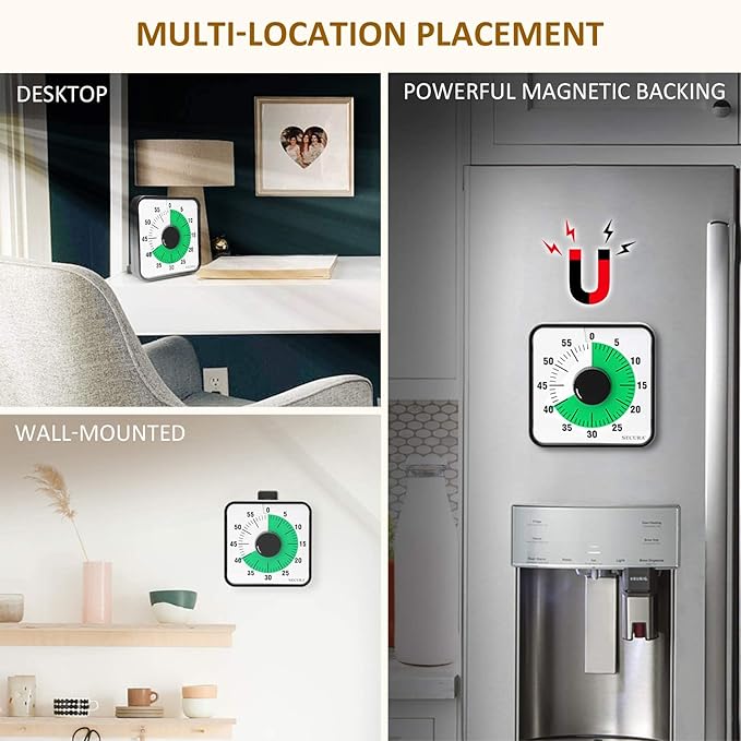 Secura 60-Minute Visual Countdown Timer, 7.5-Inch Oversize Classroom Visual Timer for Kids and Adults, Durable Mechanical Kitchen Timer Clock with Magnetic Backing (Green)