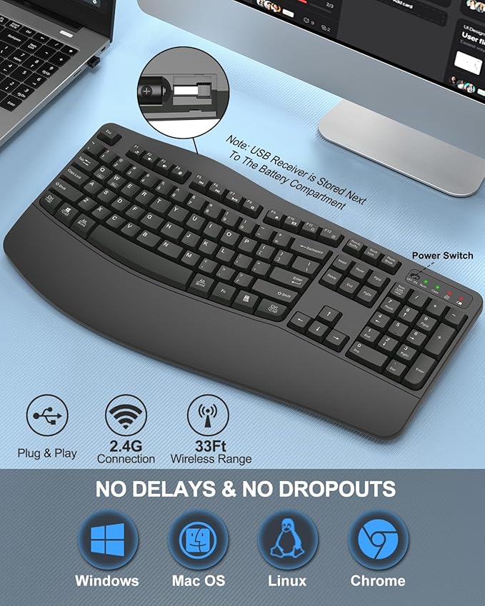 EDJO Ergonomic Wireless Keyboard for Large Hands, with Wrist Rest, Wave Keys, 2.4GHz Full Size Ergo Cordless USB Computer Keyboard, Comfortable Natural Typing, for Laptop, Mac, Windows (Gray)