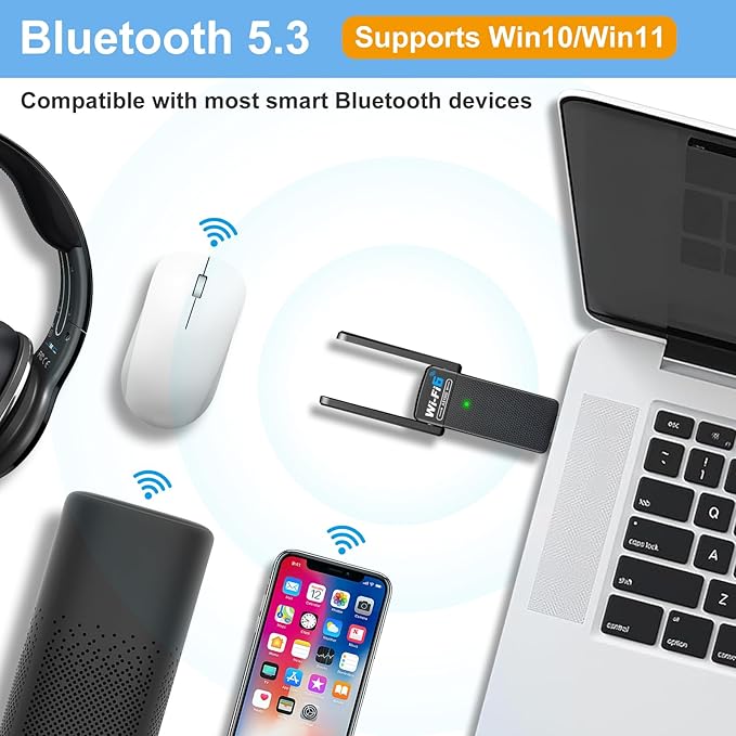 USB WiFi 6 Adapter with Bluetooth 5.2, Dual 3dBi Antennas for 5GHz/2.4GHz Wireless Network - High-Speed Dual Band Adapter for Desktop PC, Laptop, Windows 11/10/7, Gaming/Streaming Compatible