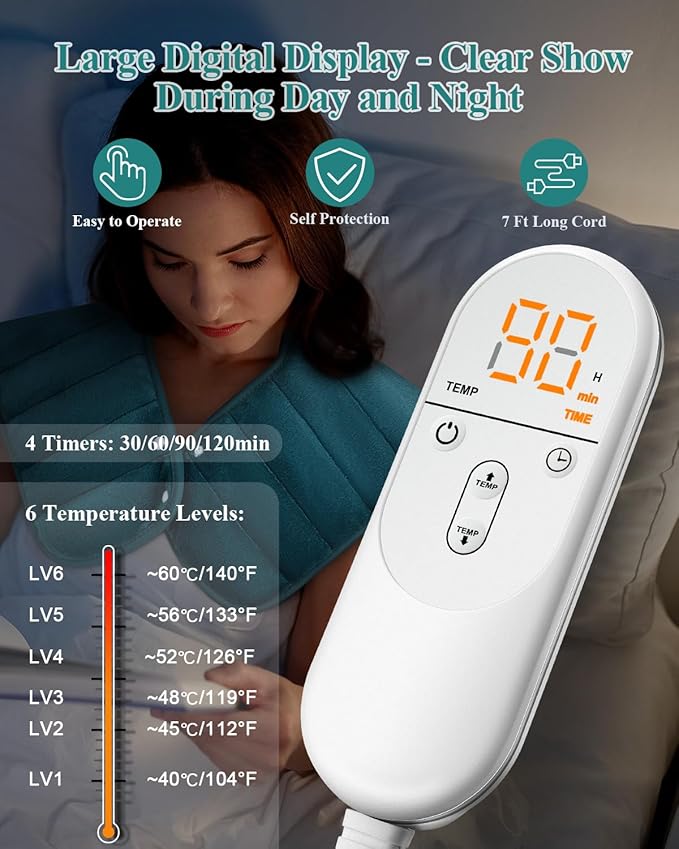 Heating Pad for Neck and Shoulders and Back, 24 x 23 XL Large Heat Wrap for Pain Relief, Birthday Gifts for Women Mom, 2.2lb Weighted, 6 Heat Settings, 4 Timers, Blue