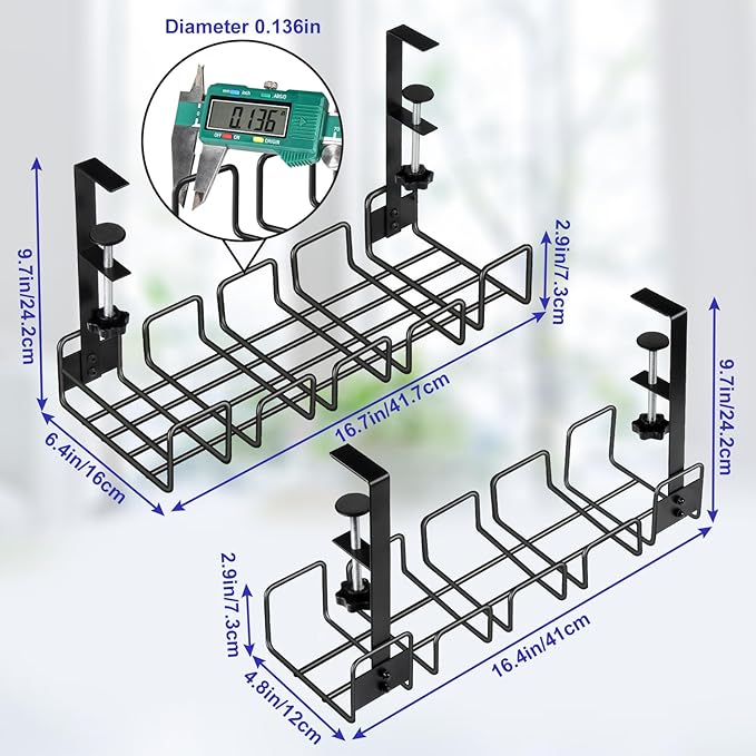 OneLeaf 2 Pack Cable Management Tray, No Drill Wire Management Rack, Office Wire Organizers for Cords, Computer Desk Accessories, Under Desk Organizer with Cable Organization