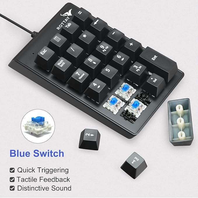 Rottay Number Pad, Mechanical USB Wired Numeric Keypad with Blue LED Backlit 22 Key Numpad for Laptop Desktop Computer PC Black (Blue switches)