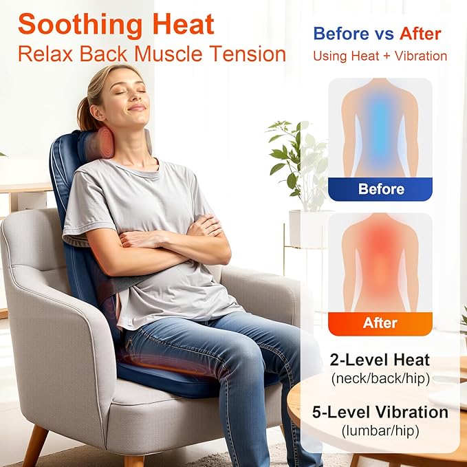 4D Shiatsu Neck Back Massage Cushion w/Heat for Pain Relief - Kneading Back Massager w/Vibration & Dual Necks Head for Relieves Muscle Stiffness from Long Sitting for Office Home Use, Blue