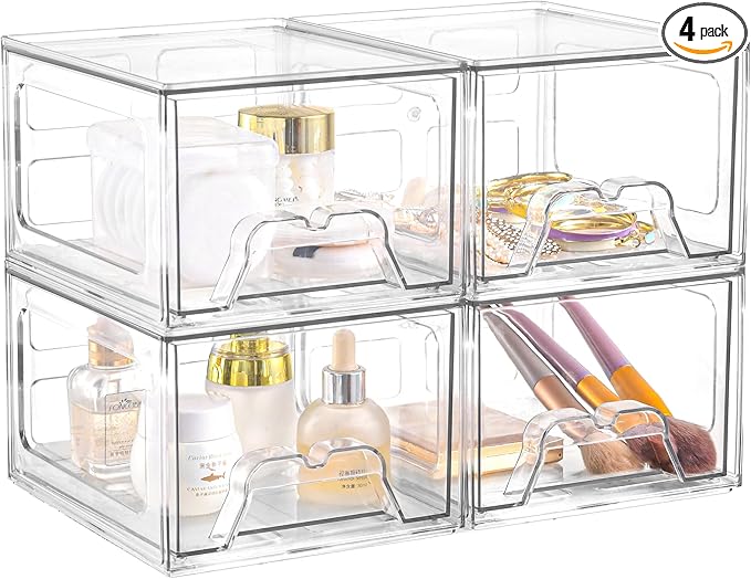 Plastic Drawers Storage, 4 Pack Clear Stackable Storage Drawers, Acrylic Storage Bins with Drawers for Fridge Organizers, Small PlasticDrawers Stackable for Makeup Organizers Cosmetic Display
