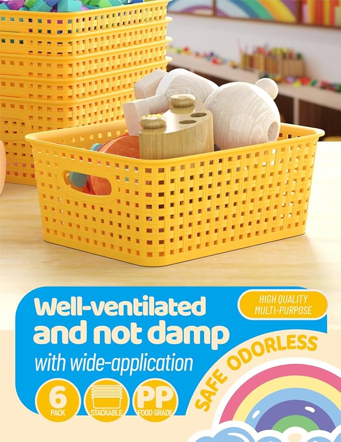 WYT 6-Pack Plastic Small Shelf Storage Weave Baskets Organizing for Cabinets and Pantries, Green