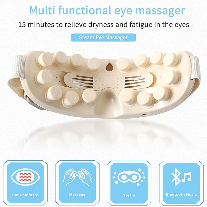 Steam Eye Massager with Heat, 4 Modes of Vibration Massage - Bluetooth Music Electric Massager Lightweight & Portable, Relieves Fatigue, Type-C Fast Charging, Gifts