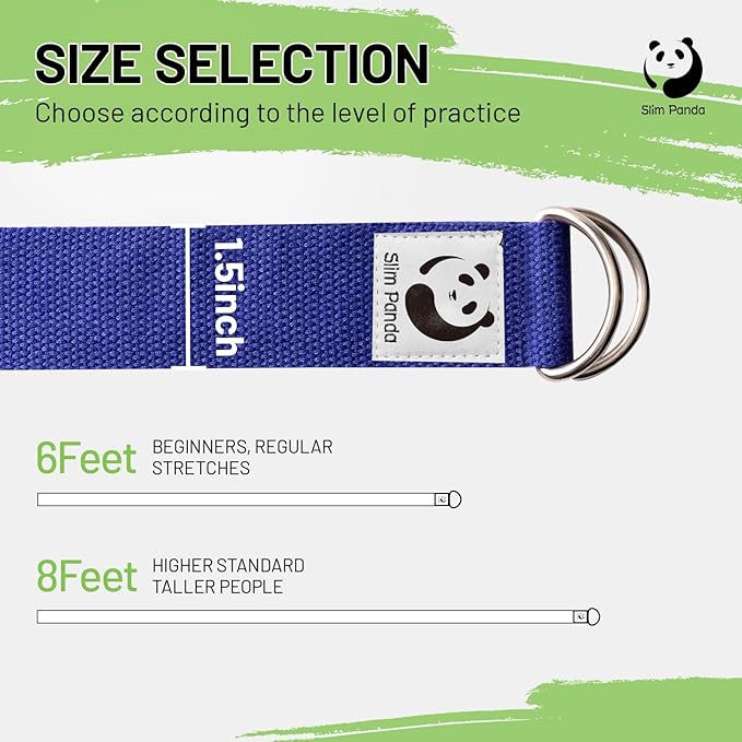 Slim Panda Yoga Strap for Stretching,Cotton Yoga Strap with Adjustable D-Ring Buckle,Non-Elastic Yoga Belt for Pilates,Gym Workouts,Physical Therapy,Improve Flexibility