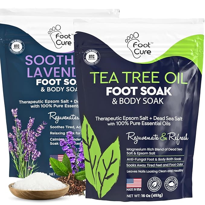Tea Tree Oil & Soothing Lavender Foot Soak with Epsom Salt - Best Toenail Treatment & Softens Calluses - Soothes Sore & Tired Feet, Foot Odor Scent, Spa Pedicure - Made in USA - 16oz (Pack of 2)