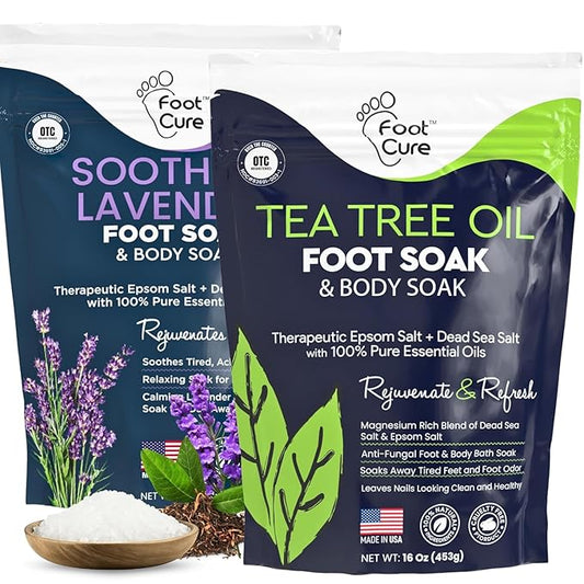 Tea Tree Oil & Soothing Lavender Foot Soak with Epsom Salt - Best Toenail Treatment & Softens Calluses - Soothes Sore & Tired Feet, Foot Odor Scent, Spa Pedicure - Made in USA - 16oz (Pack of 2)