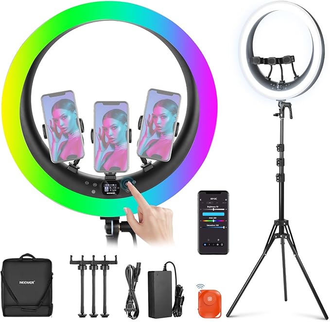 NEEWER 19" RGB LED Ring Light with Stand, 3 Phone Holders, Touch Panel, 2.4G/App Control, 42W CRI97+ 2800lux/0.5m 360° Hue Dimmable Professional Lighting for Makeup Live Streaming Zoom Calls, RP19C