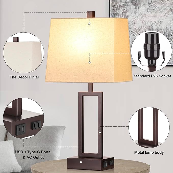 23.5" Touch Control Table Lamps, Metal Bedside Lamp for Bedroom Set of 2 with USB A+C Ports & AC Outlet, 3-Way Dimmable Nightstand Lamp for Living Room (LED Bulb Included)
