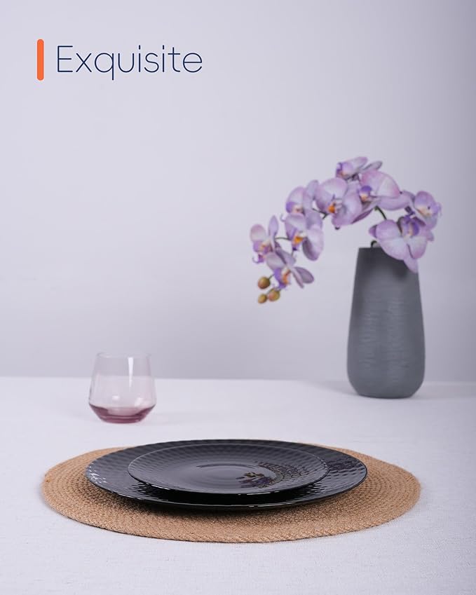 10.5 inch Dinner Plate Set of 6, Light and Durable Opal Glass Black Geometric Faceted Dinnerware Plates, Dishwasher and Microwave Safe