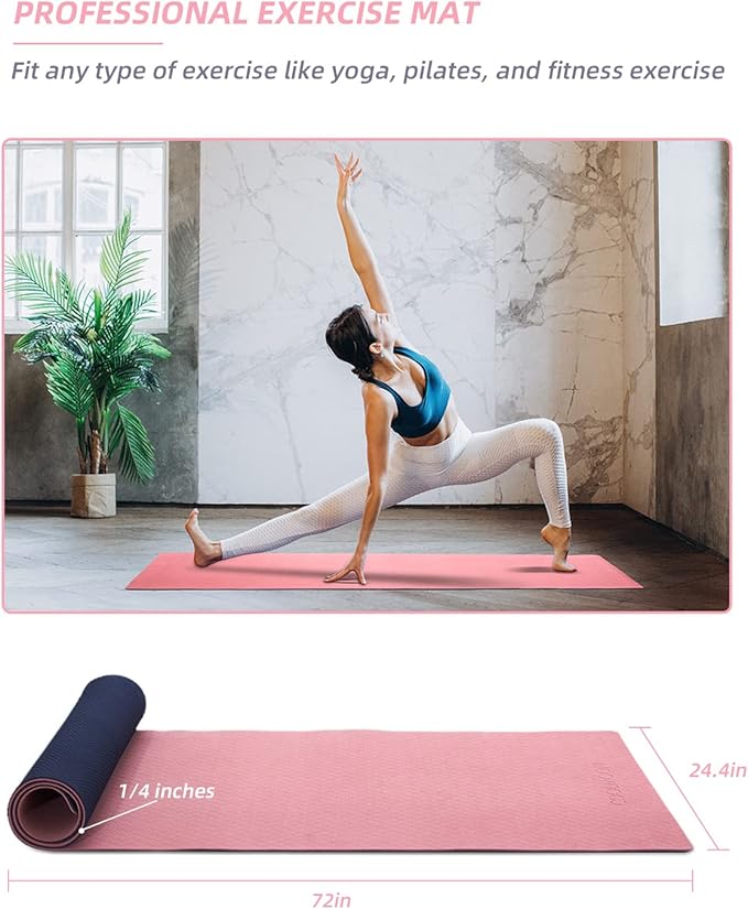 COOLMOON Yoga Mat Non Slip, Anti-Tear 1/4 Thick TPE Yoga Mats for Women and Men, 72"x24" Exercise & Fitness Mat with Carrying Strap, Workout Mats for Yoga, Pilates and Floor Exercise