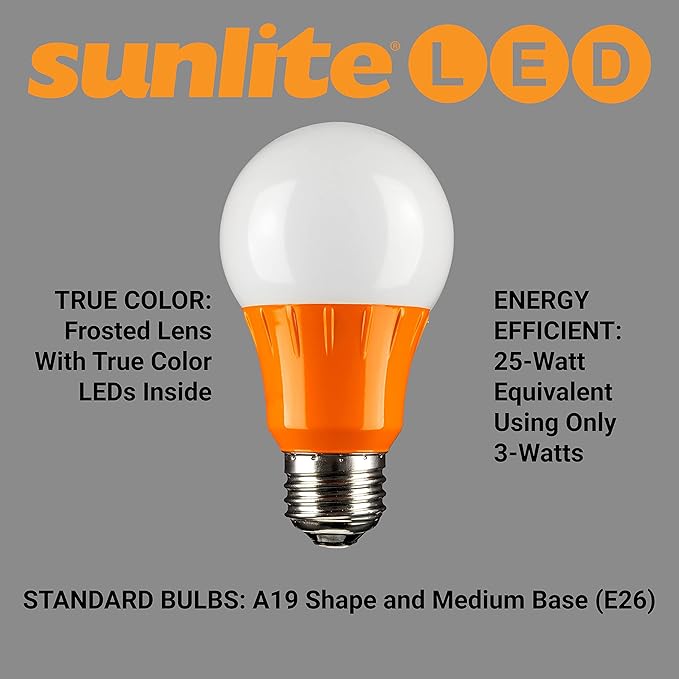 Sunlite 40470 LED A19 Colored Light Bulb, 3 Watts (25w Equivalent), E26 Medium Base, Non-Dimmable, UL Listed, Party Decoration, Holiday Lighting, 6 Count, Orange