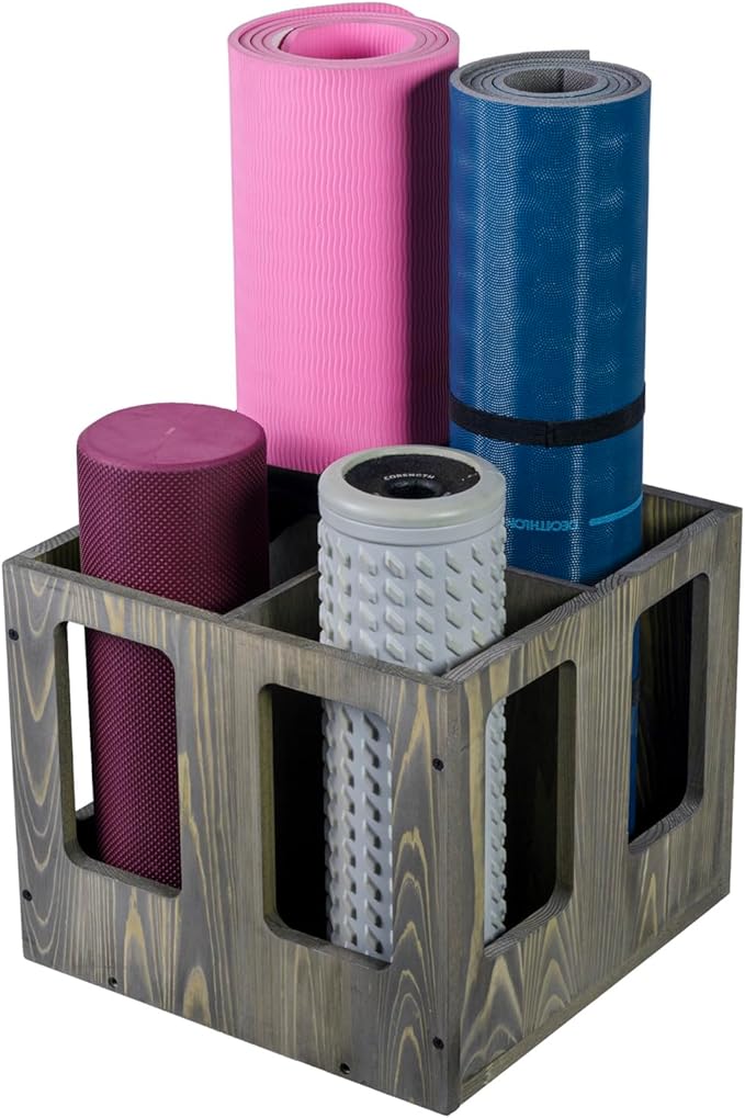 MyGift 4-Slot Vintage Brown Wood Foam Roller Storage Organizer, Wall Mounted or Floor Standing Holder Rack for Yoga Mats and Gym Accessories