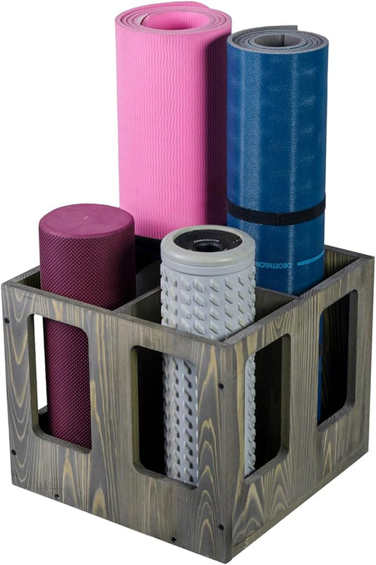 MyGift 4-Slot Vintage Brown Wood Foam Roller Storage Organizer, Wall Mounted or Floor Standing Holder Rack for Yoga Mats and Gym Accessories