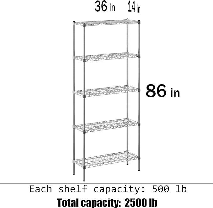 14" Deep x 36" Wide x 86" Height Wire Shelving Kit | 5-Tier | NSF Commercial Storage Rack Unit