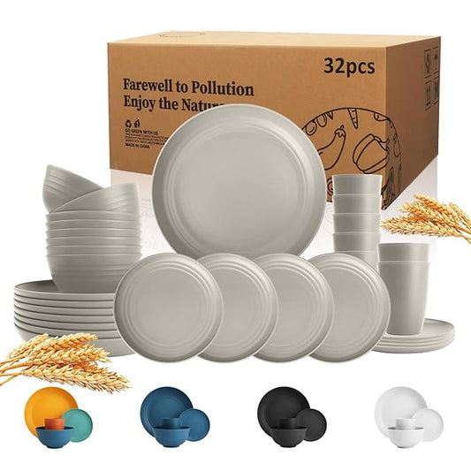 32-piece Kitchen Alternative Melamine Wheat Straw Dinnerware Sets,Unbreakbale Dishwasher Safe Kitchen Bowls and Plates Sets with Cups,Apartment Essential Dishes Set for 8.Grey Series