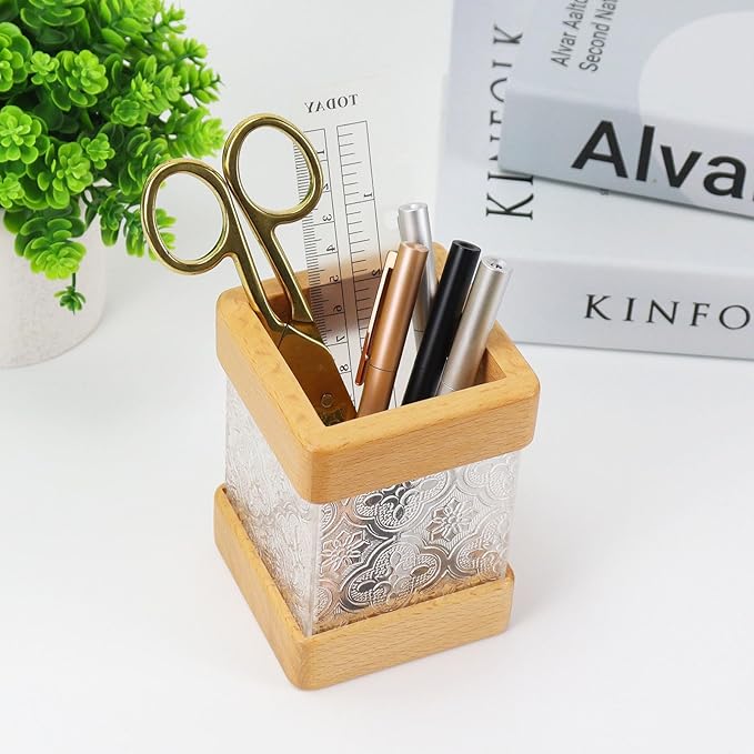MultiBey Beech Wooden Pencil Holder, Clear Acrylic Wood Pen Holder, Modern Pencil Cup Organizer Stand Wood Desk Accessory Organizer for School Office Home Supplies
