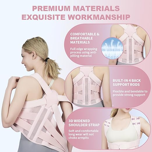 Posture Corrector for Women and Men Upgraded Back Brace, Adjustable Back Support for Upper and Lower Back Pain Relief, Shoulder Straightener for Hunchback, Scoliosis, Lumbar, Spine (Pink, Large)