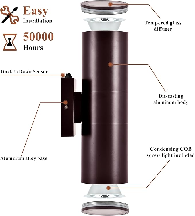 Dusk to Dawn Outdoor Lighting Sensor Wall Lights 2Pack, 12W 2700K Integrated LED Cylinder Up Down Lights Outdoor, IP65 Waterproof Aluminum Exterior Wall Sconce for Porch Patio. Brown